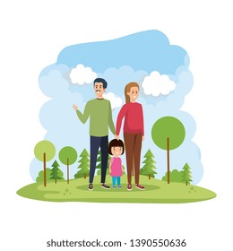 parents couple with daughter in the park scene