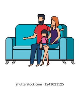 parents couple with daughter in the sofa