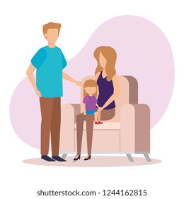 parents couple with daughter in the sofa