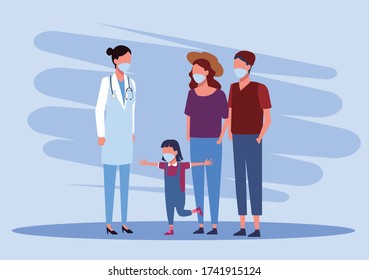 parents couple and daughter using face mask for covid19 with doctor vector illustration design