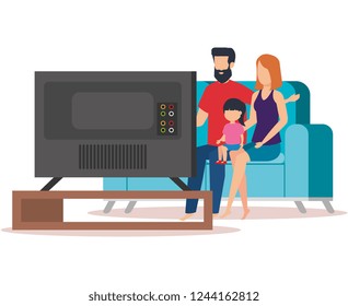 parents couple with daughter waching tv