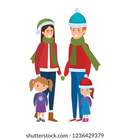 parents couple with daughters with winter clothes