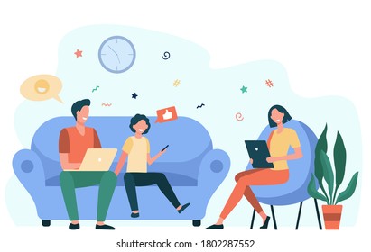 Parents couple and kid using gadgets. Social media addicted family with laptop, tablet and phone sitting together. Flat vector illustration for internet addiction, communication concept