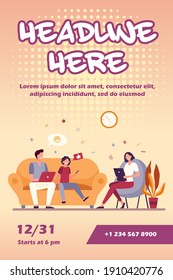 Parents couple and kid using gadgets. Social media addicted family with laptop, tablet and phone sitting together. Flat vector illustration for internet addiction, communication concept