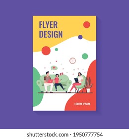 Parents couple and kid using gadgets. Social media addicted family with laptop, tablet and phone sitting together. Flat vector illustration for internet addiction, communication concept
