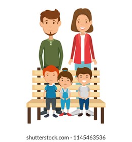 parents couple with kids in the park chair characters