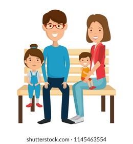 parents couple with kids in the park chair characters