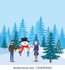 parents couple with kids and snowman in snowscape