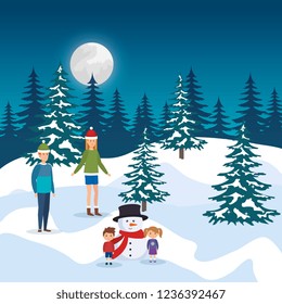 parents couple with kids and snowman in snowscape