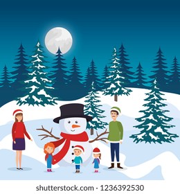 parents couple with kids and snowman in snowscape