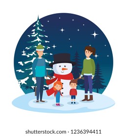parents couple with kids and snowman in snowscape