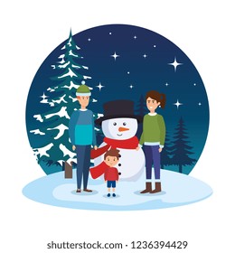 parents couple with kids and snowman in snowscape