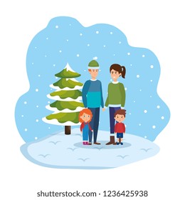 parents couple with kids and winter clothes in snowscape