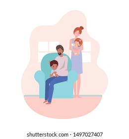 parents couple with little babies in the sofa characters