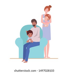 parents couple with little babies in the sofa characters