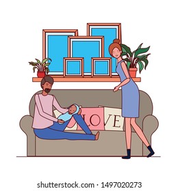 parents couple with little baby in the bedroom