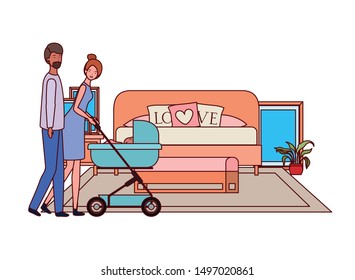 parents couple with little baby in the bedroom
