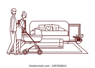 parents couple with little baby in cart characters