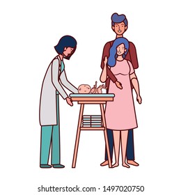 parents couple with little baby in changer