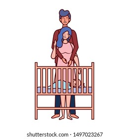 parents couple with little baby in cradle