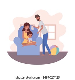 parents couple with little baby in living room