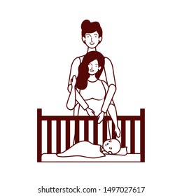 parents couple with little baby in living room