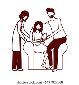 parents couple with little baby in the sofa characters