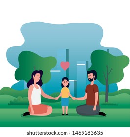 parents couple with little daughter on the park characters