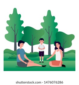 parents couple with little son on the park characters