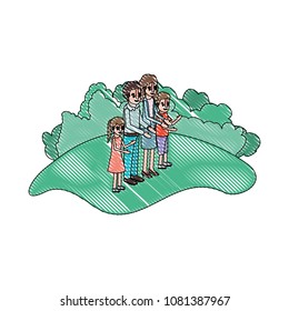 parents couple with son and daughter in field landscape