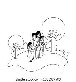 parents couple with son and daughter in field landscape