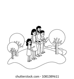 parents couple with son and daughter in field landscape