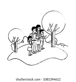 parents couple with son and daughter in field landscape