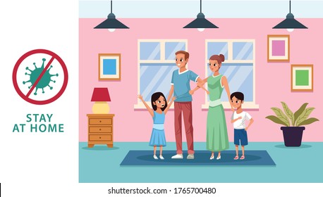 parents couple with son and daughter stay at home campaign vector illustration design