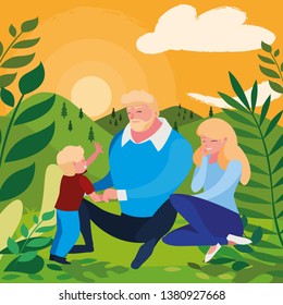 parents couple with son in the field