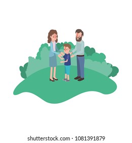 parents couple with son in field landscape isometric characters