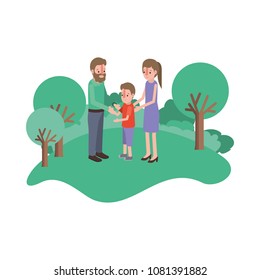 parents couple with son in field landscape isometric characters