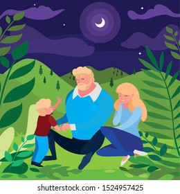 parents couple with son in the field at night vector illustration design