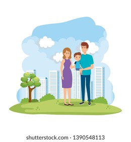 parents couple with son in the park scene