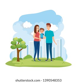 parents couple with son in the park scene