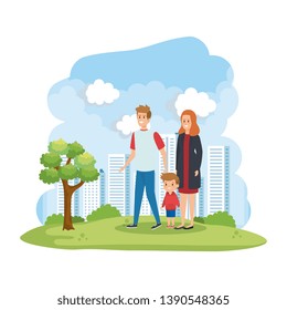 parents couple with son in the park scene