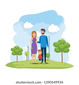 parents couple with son in the park scene
