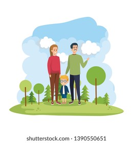 parents couple with son in the park scene