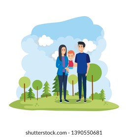 parents couple with son in the park scene