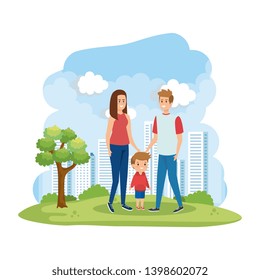 parents couple with son in the park scene