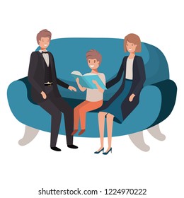 parents couple with son sitting in chair avatar character