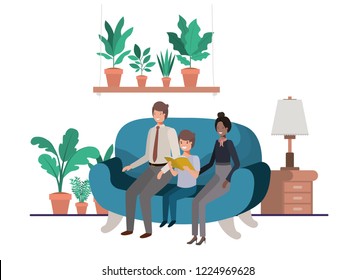 parents couple with son sitting in livingroom avatar character