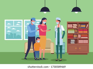 parents couple and son using face mask for covid19 with doctor vector illustration design