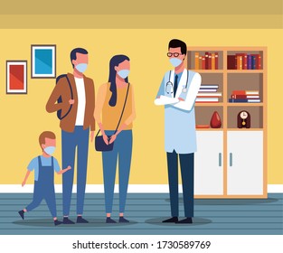 parents couple and son using face mask for covid19 with doctor vector illustration design