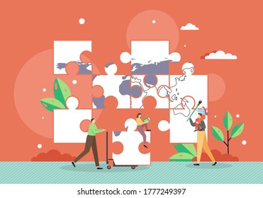 Parents creating child world, vector flat illustration. Happy girl painting world picture sitting on fathers shoulders. Mom and dad modeling behaviour and forming the mind of child like doing puzzle.